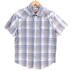 Lucky Brand Mens Shirt Western Pearl Snap M Blue Plaid Short Sleeve Cotton Blend
